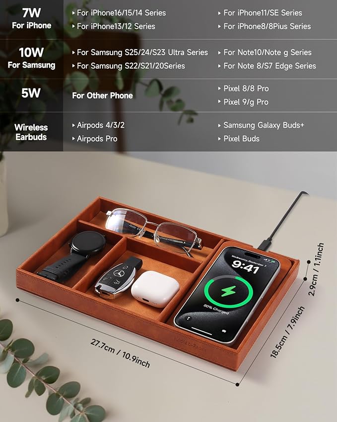 Valet Tray, Built in Wireless Charging Pad, Nightstand Organizer, Two-Toned Premium Vegan Leather Desk Bedside Caddy Organizer Tray for Keys, Watch, Wallet,Jewelry (Brown Patchwork)