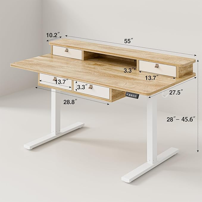 Grandder 55 x 28 inch Electric Standing Desk with 4 Drawers, Sit Stand Up Desk Adjustable Height with Storage Shelf for Home Office Ergonomic Adjustable Desk with Splice Board, Oak
