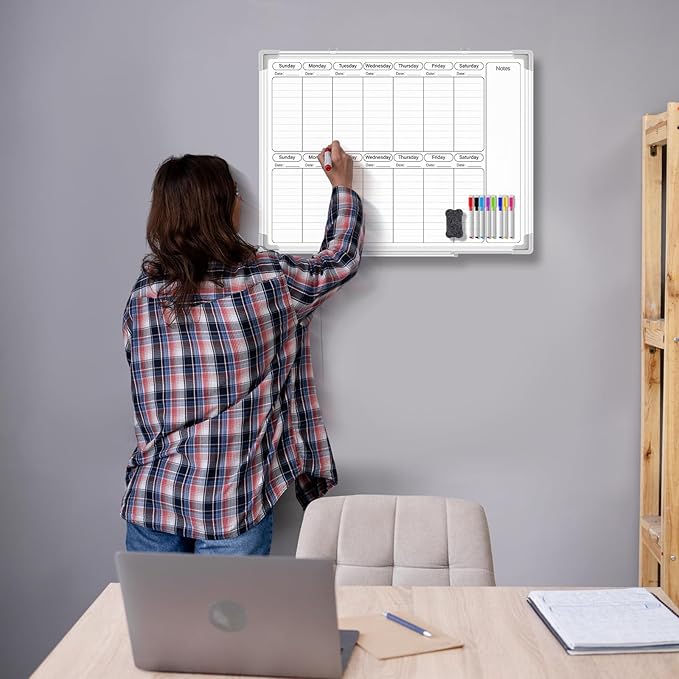 Lincia 24" x 18" Horizontal 2 Weekly Dry Erase Calendar for Wall Undated Horizontal Dry Erase Wall Calendar Planner Aluminum Frame Whiteboard for Home Office Projects Fridge