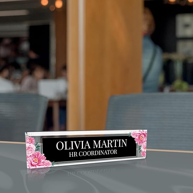 Signs ByLITA Floral Pattern Customized Nameplate | Midnight Bloom Personalized Full Color Acrylic Desk Sign