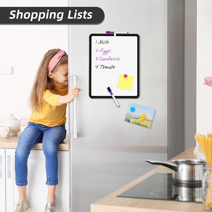 VUSIGN Small White Board Dry Erase, 11''x14'' Magnetic Dry Erase Board, Mini Whiteboard with Markers for Students, Fridge, Wall, Locker, Black
