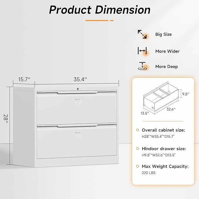 Bestoo 2-Drawer Lateral File Cabinet with Lock, Metal Filing Cabinet for Home Office, Lateral Filing Storage Cabinets, Fits File Folders, Letter/Legal/F4/A4 Sizes, Assembly Required (White)