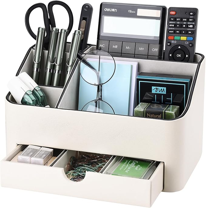 KINGFOM PU Leather Desk Organizer with Drawer, 5 Compartments Desktop Storage Caddy for Office Home Supplies, Pen Holder for Remote Control, Phone & Accessories, Mail Organizer Countertop Ivory White