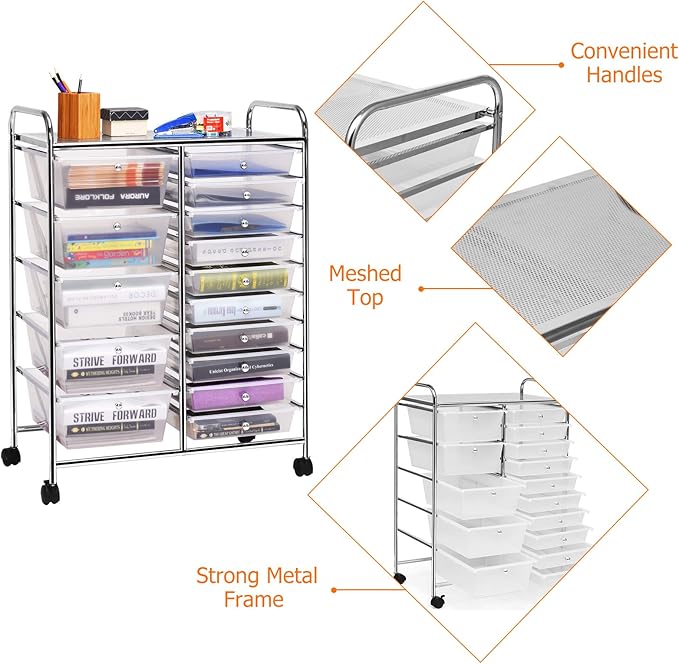 GLACER 15 Drawers Rolling Cart, Storage Cart with w/Removable Drawers & Steel Frame, Multipurpose Organizer Cart w/Sleek Handle, Utility Cart on Lockable Wheels for Home, School, Office (Clear)