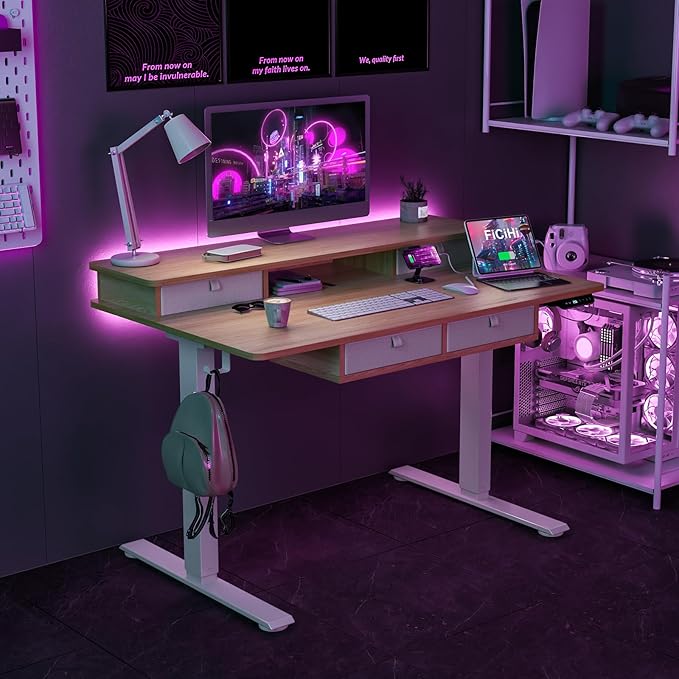 FiCiHi Adjustable Height Standing Desk with 4 Drawers,48 x 30 inches Electric Sit Stand Home Office Desk with Two Tiers, 3 Memory Presets, Monitor Stand Riser, USB A/C Charging Port