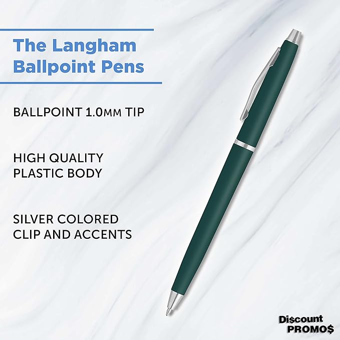 DISCOUNT PROMOS Langham Ballpoint Pens Set of 10, Bulk Pack - Black Ink, Great for Office, School, Business, Tradeshows - Hunter Green