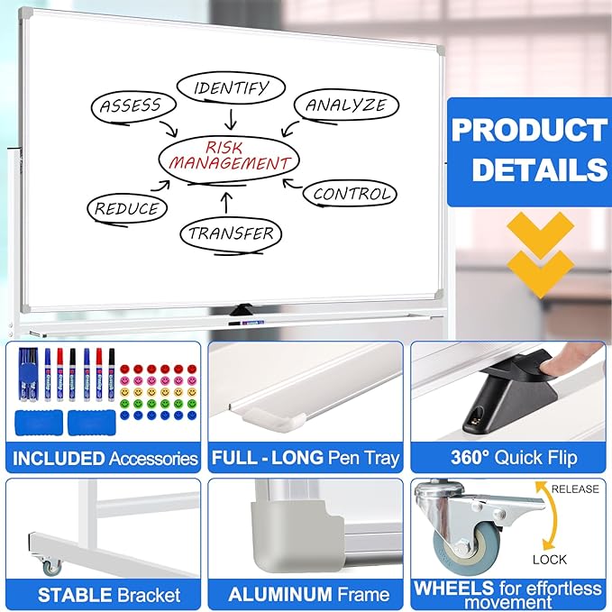 Max-officoo Magnetic White Board Dry Erase Whiteboard with Rolling Stand 72"x48" Double-Sided Mobile Large White Board on Wheels, Including 3 Magnetic Erasers, 7 Markers, 30 Magnets