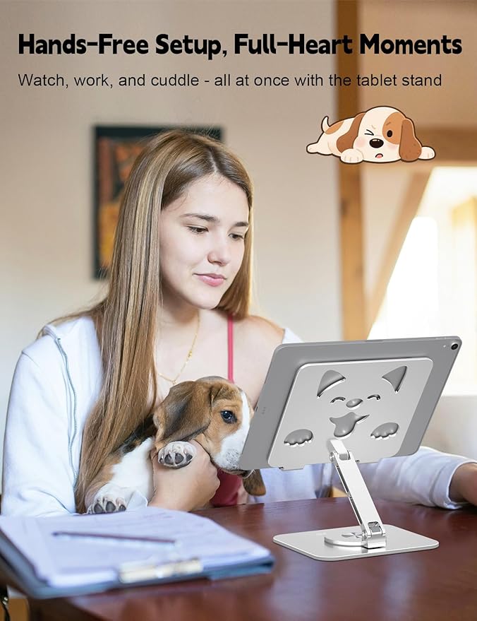Aoviho Adjustable Tablet Stand for iPad - 360° Rotating Aluminum Desk Holder, Foldable Stable Stand for iPad Pro 12.9/11, Samsung Galaxy Tab, Home Office & Travel, Silver