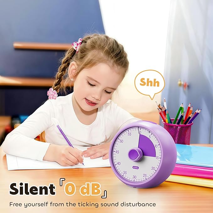 Visual Timer for Kids 60-Minute - Countdown Timer with Optional Alarm, Focus Tool for ADHD & Autism, Time Management for Homework, Chores, Office, Kitchen, Teaching & Study Routines (Purple)