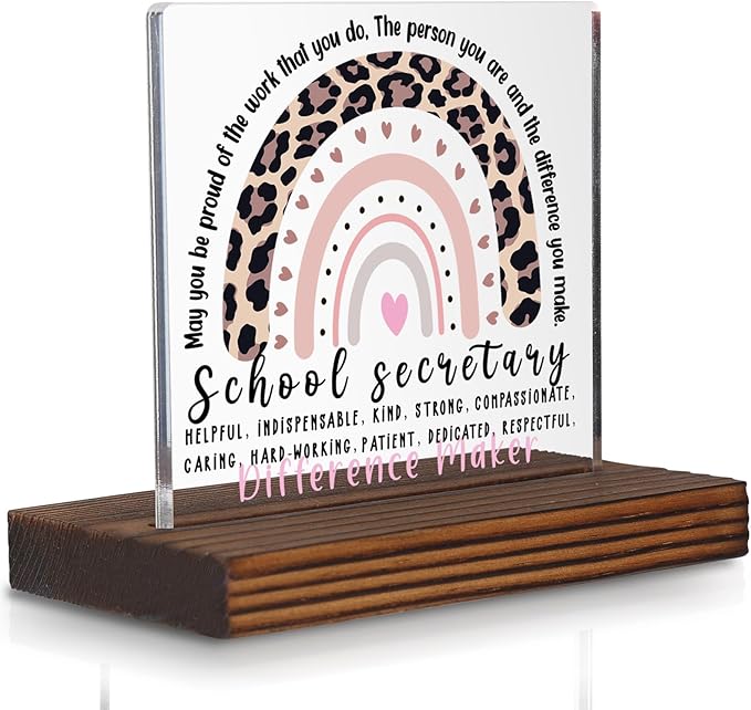 School Secretary Appreciation Gift Desk Sign, Leopard Rainbow Difference Maker Plaque, Office Decor Thank You Gift for School Office Staff PA075