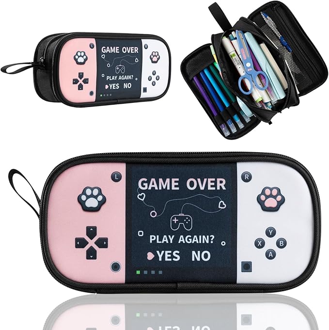 Easozoom Large Game Controller Pencil Case for Teen Girl Kid Capacity Pen Box Pouch Organizer Holder Bag with 3 Compartments & Zipper School College Office Supplies (1PCS Pencil Case) (Pink&White)