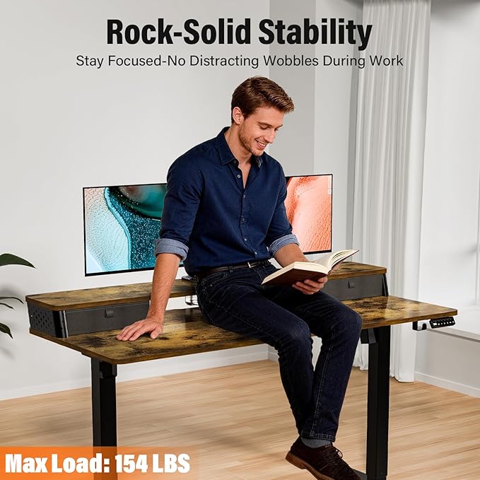 Kingant 40 x 24 Inch Electric Standing Desk with Dual Drawers, Height Adjustable Sit to Stand Computer Desk with Storage Shelf and C-Clamp Mount Compatibility for Home Office, Rustic Brown