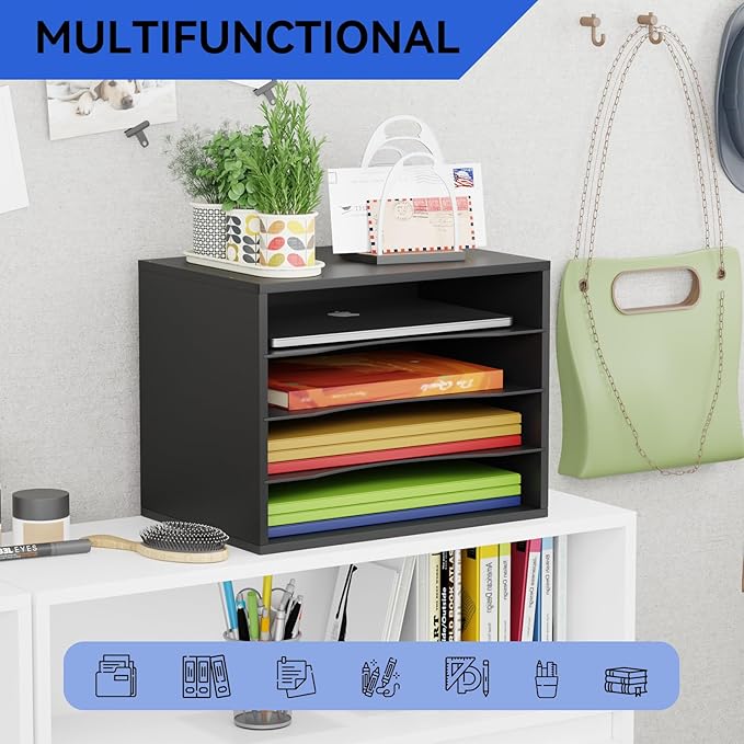 GDINDINFAN Wood Desktop Letter Tray File Organizer, Paper Storage Mail Sorter with 3 Adjustable Drawer Boards for Home and Office, Black