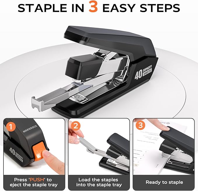 MARSROCK Effortless Stapler for Desk with 40-50 Sheet Capacity, 2000 Staples, 1-Touch Stapling, Ergonomic & Easy to Load Desktop Staplers, Heavy Duty Stapler, and Magnetic Staple Remover, Black