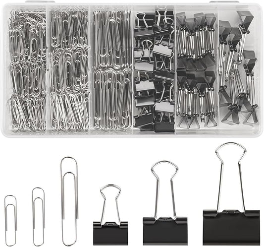 500PCS Paper Clips and Binder Clips Assorted Sizes,Silver Paper Clips & Black Binder Clips for Home, School, Office Supplies