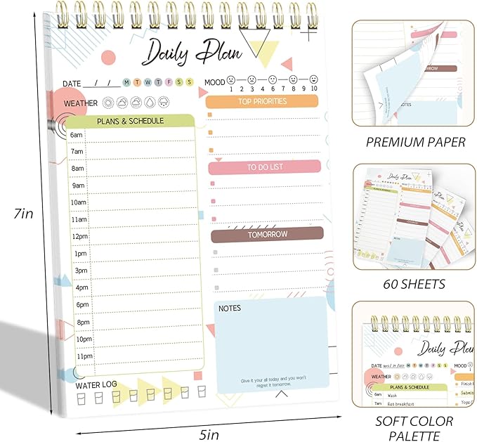 Tlenpo To Do List Notebook Pad, Daily Planner Notepad, 60 Sheets Double Sided Spiral Notebook, Perfect for Daily Tasks, Goal Setting, Home, School, 5.1 x 7 Inch, Boho