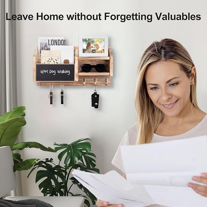 Lwenki Mail and Key Holder – Wall Mount Key Hanger with Shelf and 7 Metal Hooks – Decorative Natural Paulownia Wood Entryway Organizer with Mounting Hardware (16.5”W x 8.7”H x 3.5”D) (Wood)