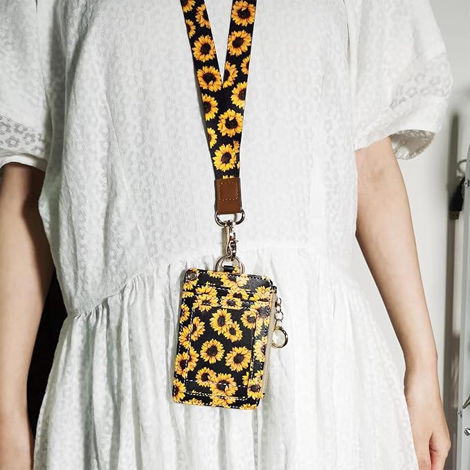 Bolimoss Sunflower ID Badge Holder with Lanyard, Cute Name Badge Holder, Zip ID Case for Work, Office, Nurse, Medical Student, Teacher, Women