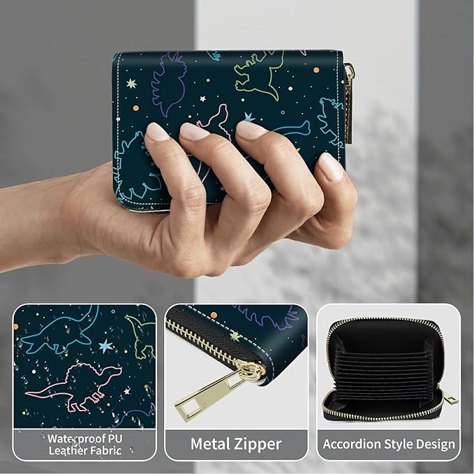 BWEGRHE Cute Credit Card Holder with Zipper, Fun Dinosaurs RFID-Blocking Card Case Small Wallet for Women Men, Multi-slot Card Organizer Case Travel Accordion Wallet