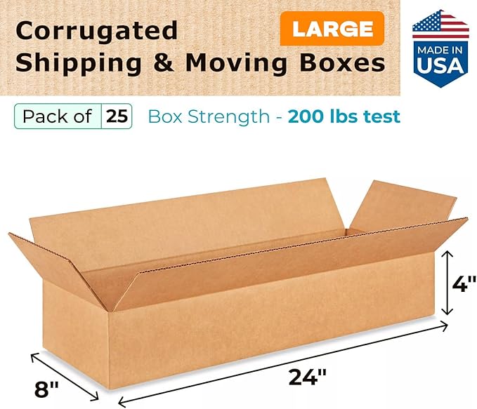 Large Shipping & Moving Boxes 24"L x 8"W x 4"H (25-Pack) - Extra Strength 200 lb vs Regular - Corrugated Heavy Duty Moving Boxes - Large Moving Box for Delivering by IDL Packaging