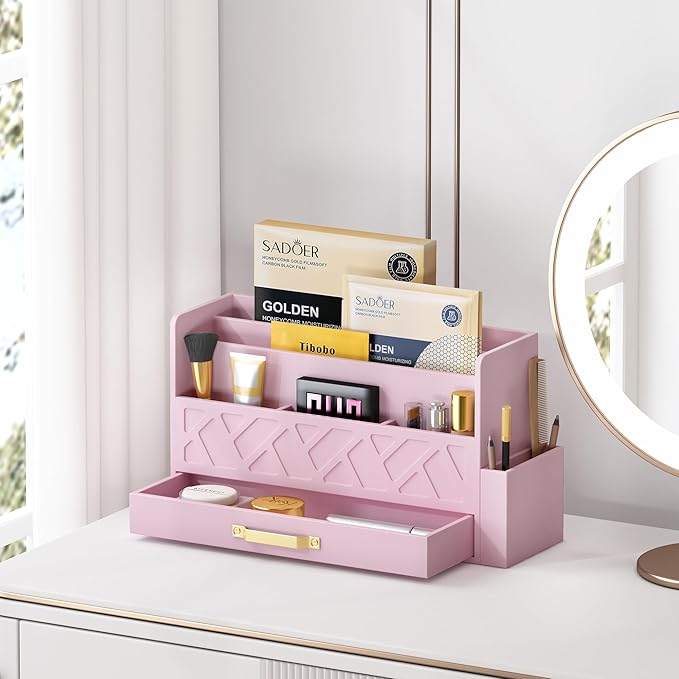 Wisuse Bamboo Desk Mail Organizer with Drawer,Wooden File Bill Sorter Storage Box for Desktop, Letter Countertop Holder for Home,Office,School Organization,Tabletop Accessories Supplies (Pink)