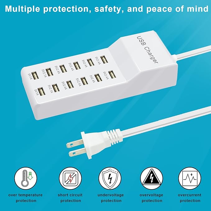 USB Charger Station Block Multiport Charger Hub with Fast Charging Wall Charger for Multiple Devices USB Charging Port Compatible with Cell iPhone Android Smartphone Smart Watch