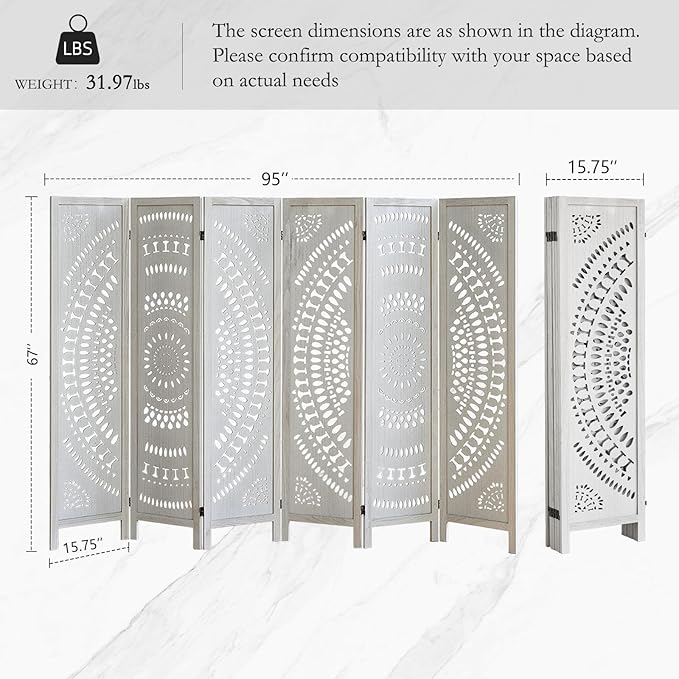 ALeesing 6 Panel Wood Room Divider Fully Assembled, Decorative Room Dividers and Folding Screens, 5.6Ft Room Divider Screen Freestanding Partition Wall Dividers for Home Bedroom Office, White