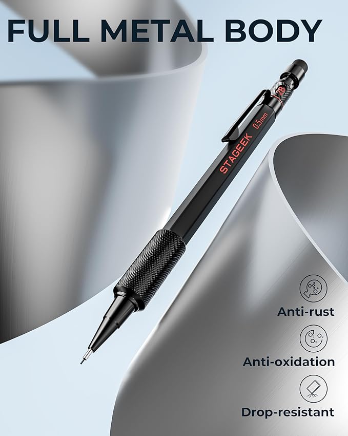 STAGEEK 0.5mm Mechanical Pencil Set, 3PCS Metal Mechanical Pencils 0.5mm with 6 Tubes HB & 2B Lead Refills, Erasers, Weatherproof Artist Pencils with Case for Outdoor Writing Drafting Drawing