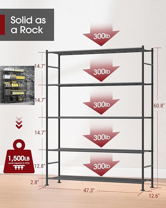 Sakugi Storage Shelves - 5 Tier Shelf Organizer, Heavy Duty Garage Shelving Unit with Leveling Feet, Stable Metal Shelves Organizer for Pantry, Kitchen and Closet, 47.3" W x 12.6" D x 60.8" H, Black