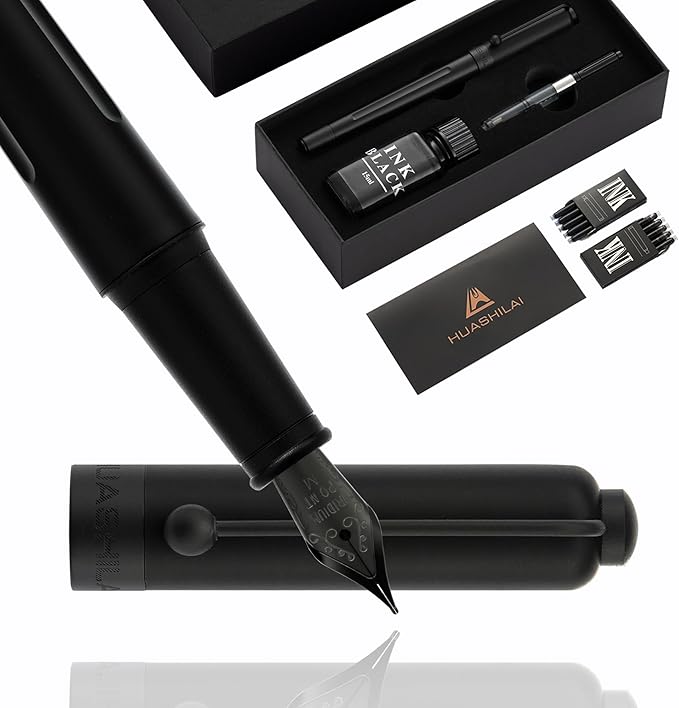 HUASHILAI Luxury Matte Black Forest Fountain Pen Set,Titanium Black Extra Fine and Medium Nibs,Includes 2 Ink Converters,10 Ink Cartridges,15ml ink，Premium Gift Case for Calligraphy (Medium Nib)