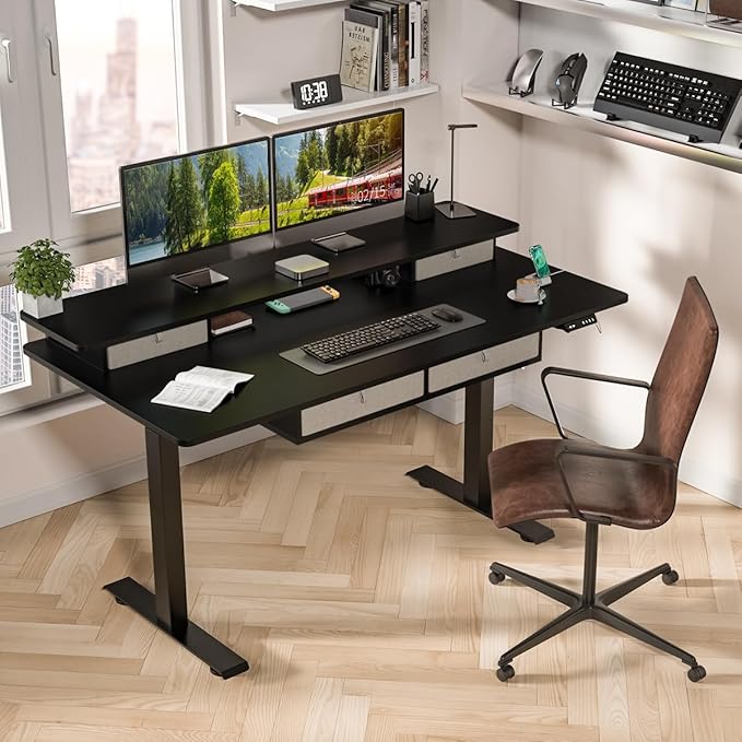 Kingant 63 x 30 Inch Electric Standing Desk with 4 Drawers, Adjustable Height Computer Desk for Home Office, Large Workstation Sit Stand Up Desk with Built-in USB A/C Charging Ports, Black