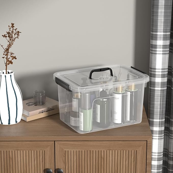 Drephia 10.5 Quart Clear Plastic Storage Box/Container with Handle, Plastic Storage Bin with Lid, 4 Packs