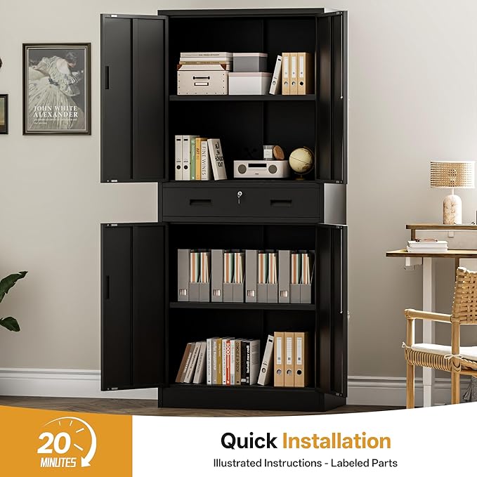 TaskStorz Metal Storage Cabinets with 1Drawer, 71" Storage Cabinet with 4 Locking Doors and 2 Adjustable Shelves, Steel Storage File Cabinet for Pantry Home, Kitchen, Office, Garage (Black)