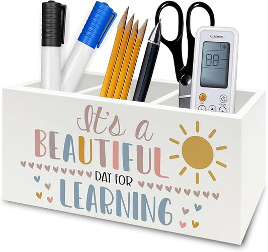 QZQE Boho Classroom Pen Pencil Holder Organizer for Desk, It's a Beautiful Day for Learning Wooden Box Signs Decorations for Home Office Desk Tabletop, Boho Classroom Decor