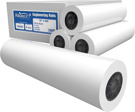 Alliance Wide Format Paper Rolls, 20lb with 3" Core (18 In x 500 Ft | 3" Core, 20lb | 4 Rolls)