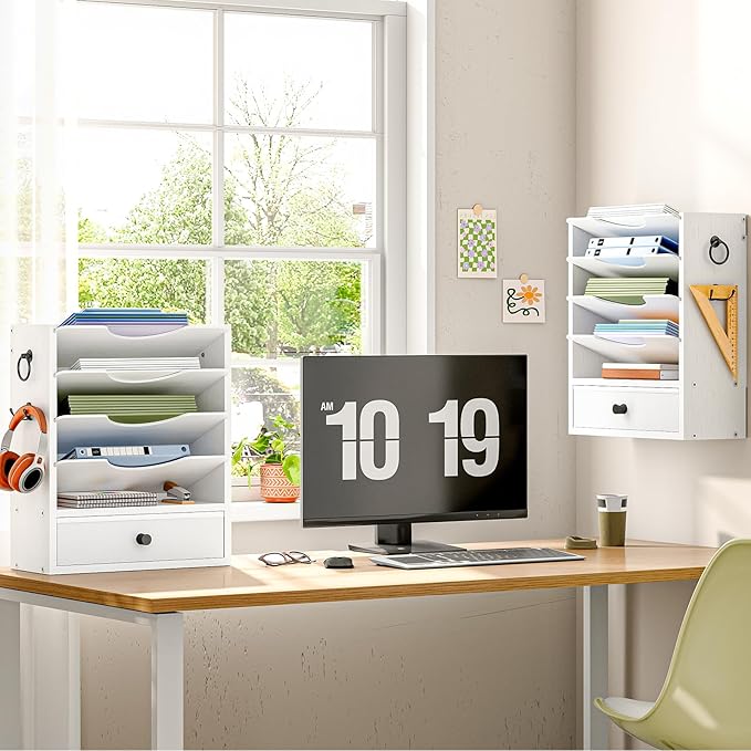 HOOBRO Wall File Organizer, Mail Organizer Wall Mounted, Wooden Literature Organizer, Construction Paper Organizer with Drawer Storage and 2 Hooks, for Office, Classroom, Home, White WT14WF01
