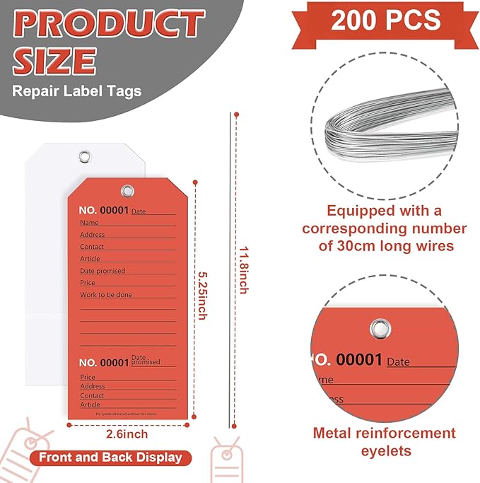 200 Pack Red Repair Tags with Wire Rope Service Repair Tags Numbered with Wire Durable 2.6 x 5.25 Inch Labels for Production Equipment Maintenance Price Notice (200, Red, 2.6x5.25in)