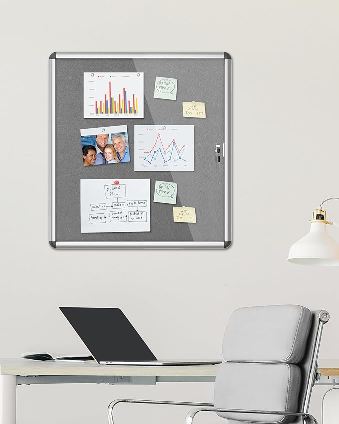 Mifuro 28"x26" Enclosed Bulletin Board, Lockable Weather-Resistant Aluminum Cork Noticeboard for School & Office, Silver Frame w/Grey Flet