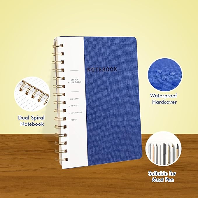 Spiral Notebook-5.75" x 8.125" College Ruled Journal with Inner Pockets and 160 Pages,PU Leather Cover Business Journal, Twin-Wire Binding Notebook Perfect for Office & Home School Supplies 3 pack NavyBlue/Yellow/MintGreen