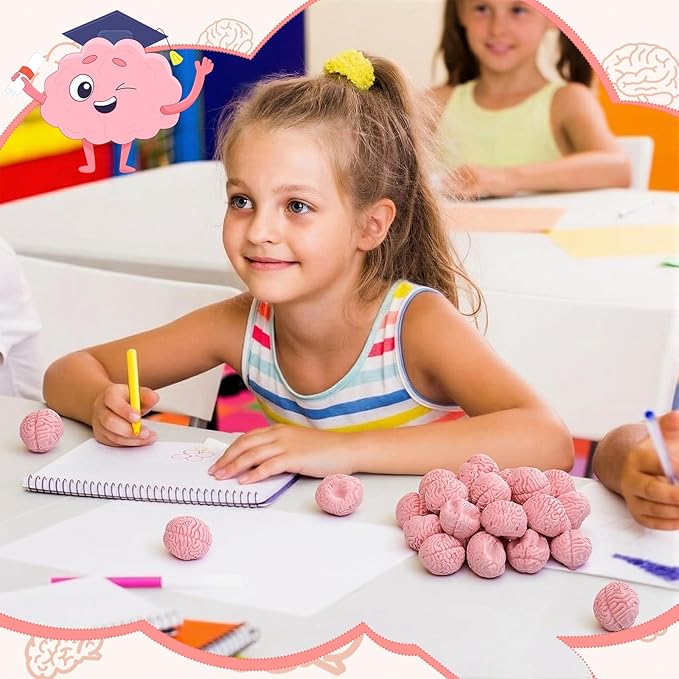 Gilprop 48 Pcs Brain Shaped Erasers Bulk, 1 Inch Mini Halloween Erasers Halloween Party Favors Fun Classroom Supplies Cute Novelty Gifts for Students Teacher Must Haves (Pink)