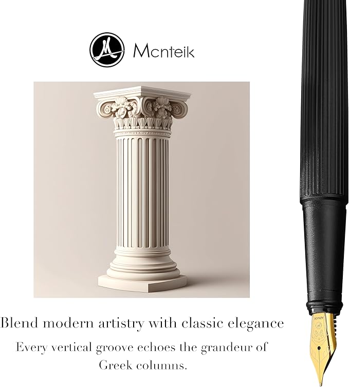 MCNTEIK Matte Black Forest Fountain Pen, Exquisite Vertical Grooving Design, 18K Gilded Nib (Fine), Fancy Pen Gift Set for Men & Women, Professional, Business Signature, Office, Nice Designer Pens