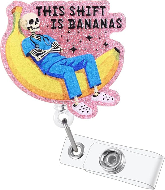 This Shift is Bananas Funny Skeleton Nurse Badge Reel, Pink Cute Radiology X-Ray Tech Retractable ID Badge Holder, Name Tag Badge Clip for RN CT ED ICU ER RAD Night Shift Nurse Radiologist Workers