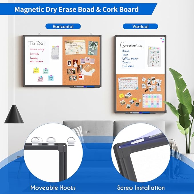 Magnetic White Board and Cork Board Combo, 36 X 24 inches Whiteboard Bulletin Combination Board, Wall Mounted Dry Erase Message Board for Home, School and Office, Black