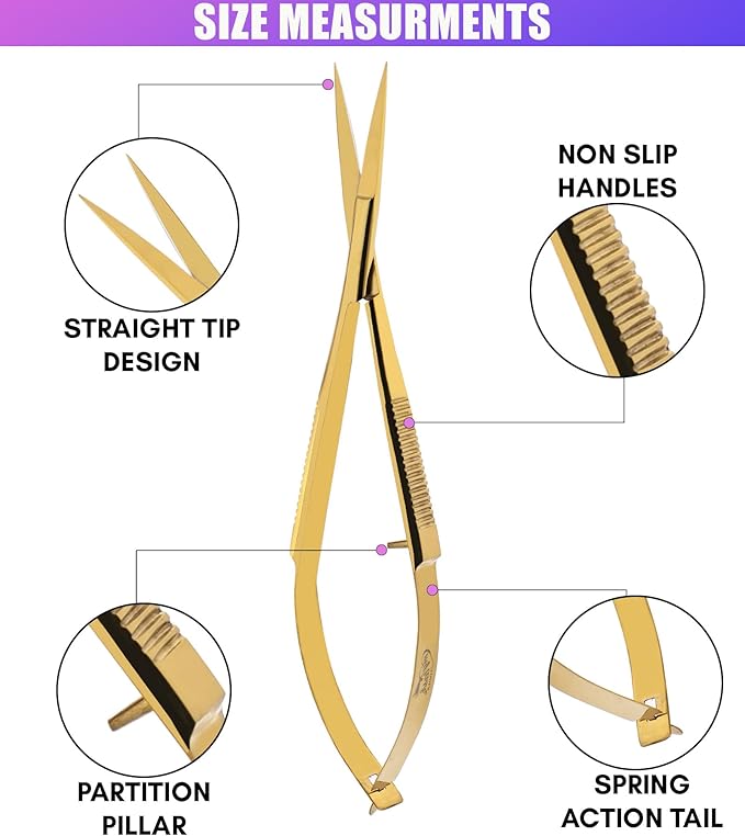 Cross Edge Spring Scissors 5 Inch straight Stainless Steel Precision Eyebrow & Eyelash Shaping & Trimming Scissor, Snips Squeeze, Embroidery, Knitting Micro Tip Craft Scissors (Gold)
