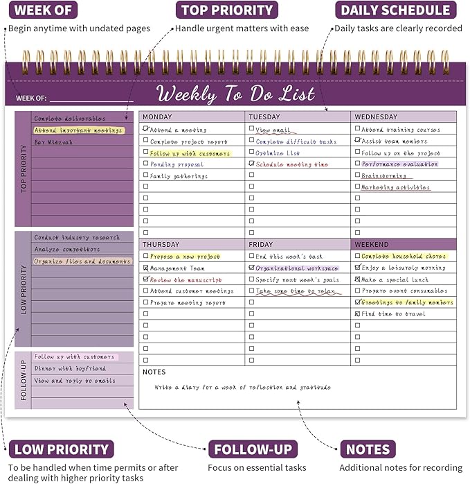 ALKALO Weekly To Do List Notepad, 52 Undated Sheets （8.5"×11") Duplex-Printed Weekly Desk Planner For Work Home School Office Desk Accessories Supplies & Goal Setting Tasks - Purple