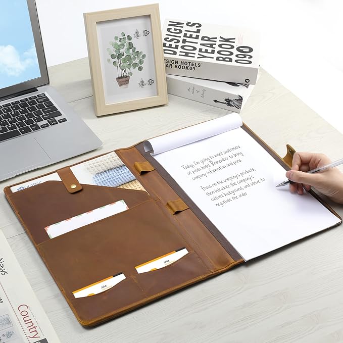 Jack&Chris Leather Portfolio, A4 Document Folder Legal Pad Padfolio, Professional Writing Letter Notepad Clipboard Sleeve Organizer, Resume Folio Binder for Men&Women,Brown