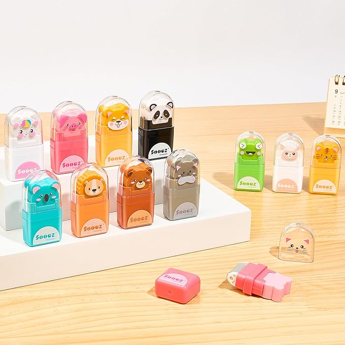 Sooez 12 Pack Pencil Erasers, Cute Animal Eraser with Clean up Roller and Cover, Latex-Free, Bulk Art Drawing Erasers for Teens Adults & Teacher Classroom/School Supplies