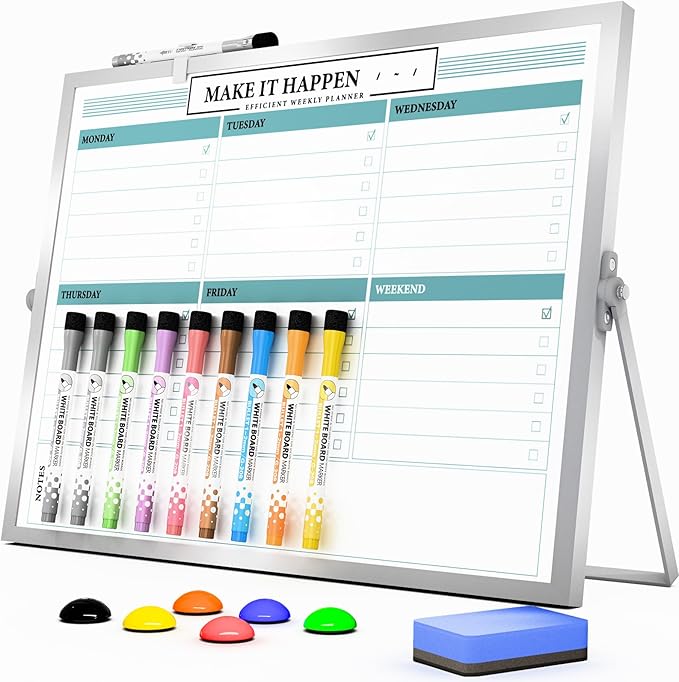 Marsrock Dry Erase White Board with Stand,Double-Sided Weekly Whiteboard 16"x12",10 Markers,6 Magnets,1 Eraser,Portable Desktop Whiteboard for Planning,Weekly Schedule Board for School for Office