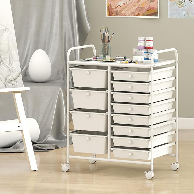 Giantex 12 Drawer Rolling Cart with Drawers, Storage Organizer Cart for Classroom Office School Teacher, Mobile Drawer Cart for Tools, Crafts, Small Printer, Ivory