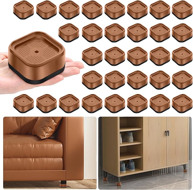 shouwuhho 32 Pack Furniture Risers Adjustable Bed Risers Heavy Duty Lifts Height 1", Square Stackable Bed Risers 1, 2 or 3 Inch for Desk Leg Table Couch Sofa Chair Bed Frame Legs Dorm, Brown